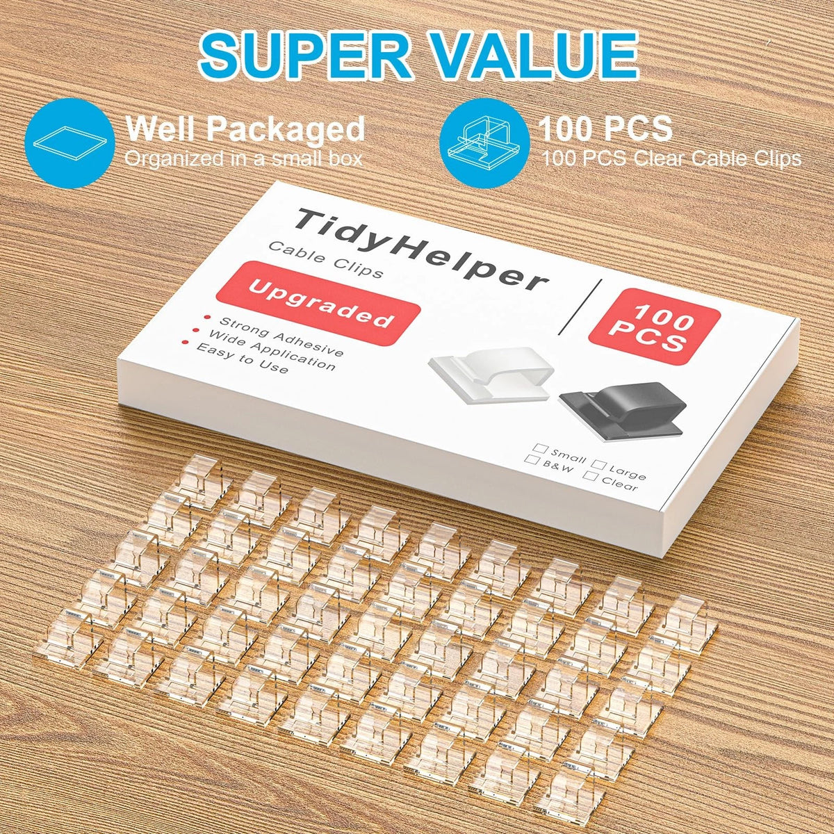 100 PCS Cable Clips, Upgraded Adhesive Cord Clips for Wires on Small, Clear