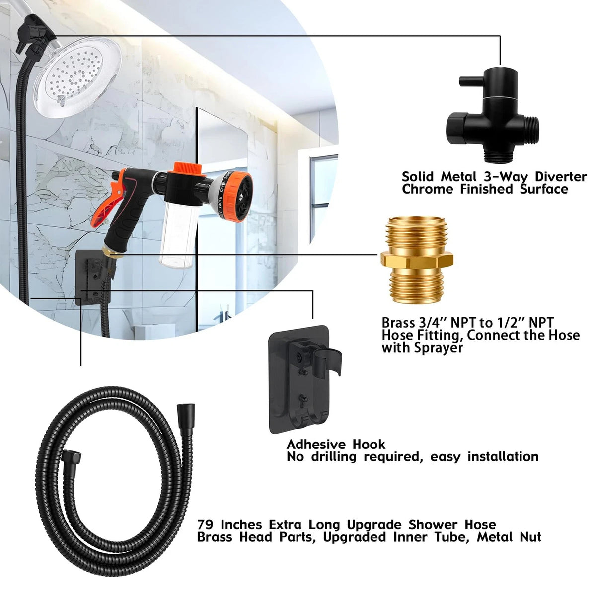 Dog Washing Hose Attachment for Pet Bathing with 2m/79inches Hose, Black