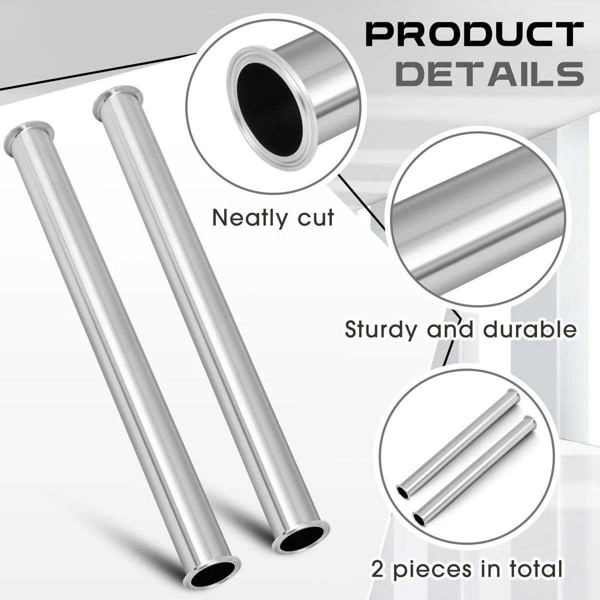 Otoolling 2 Pcs 24" Sanitary Spool Tube with Clamp Ends Stainless Silver