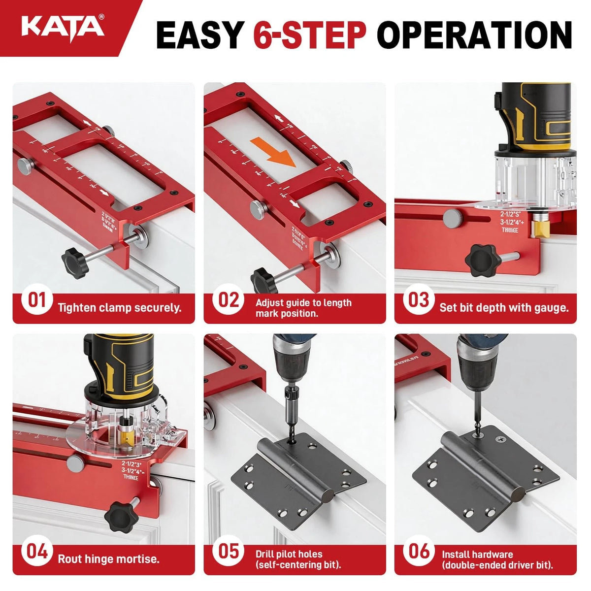 KATA Door Hinge Mortise Jig & Lock Installation Kit for 2.5"–5" Red