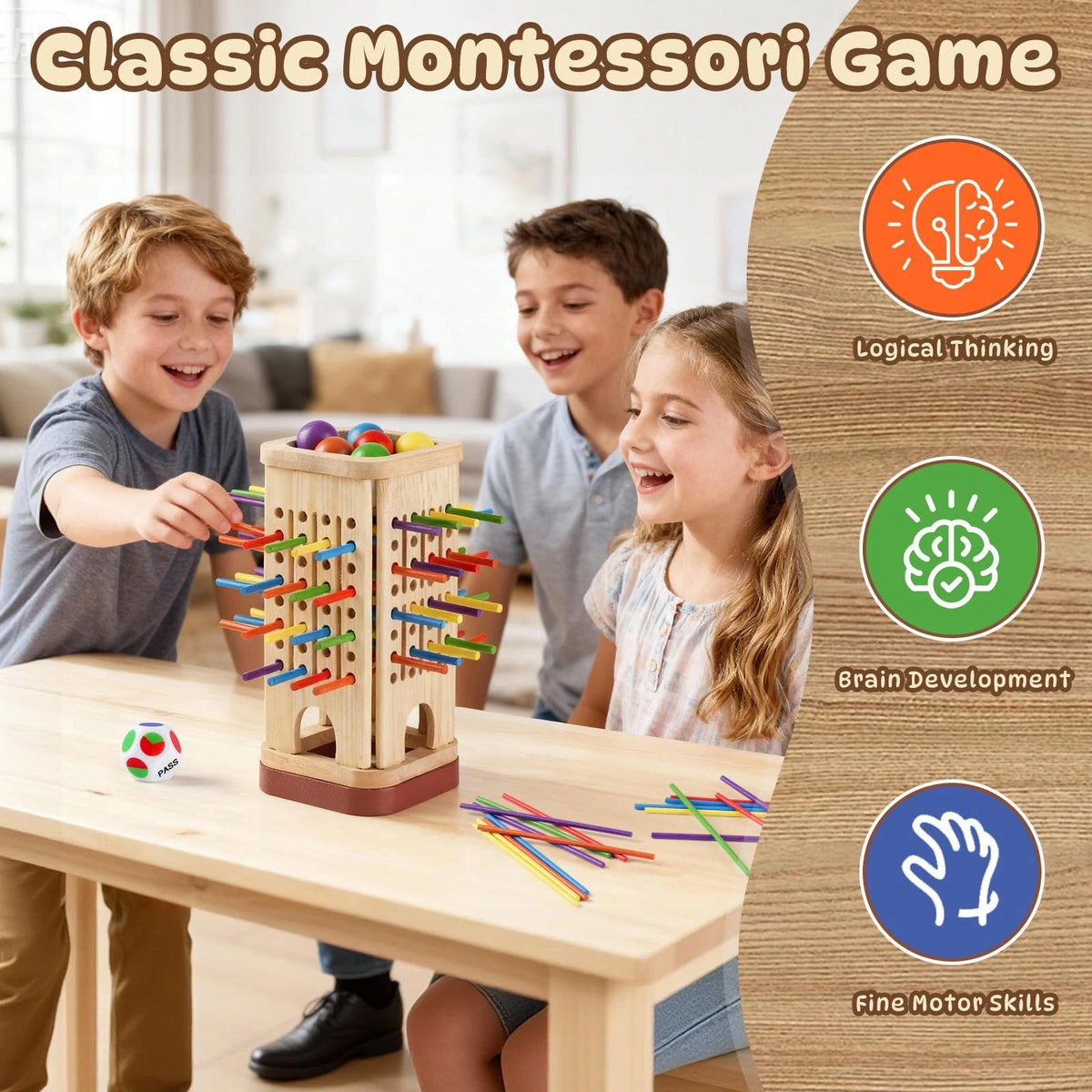Pinshoon Montessori Game Wooden Board Game, Multiplayer for Kids 8.3inch, Red