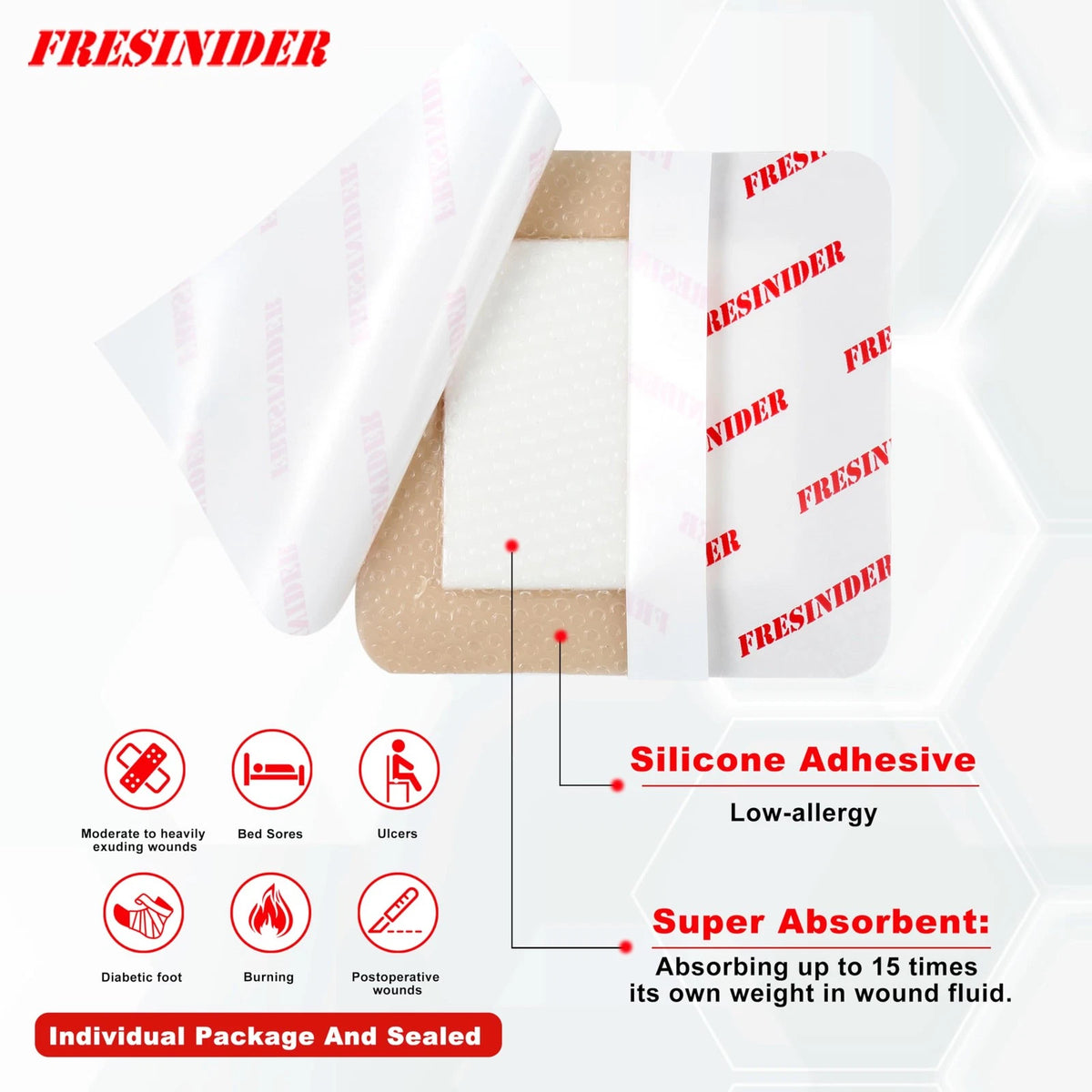 FRESINIDER Silicone Foam Dressing with Adhesive Border – 4" x ,10pack