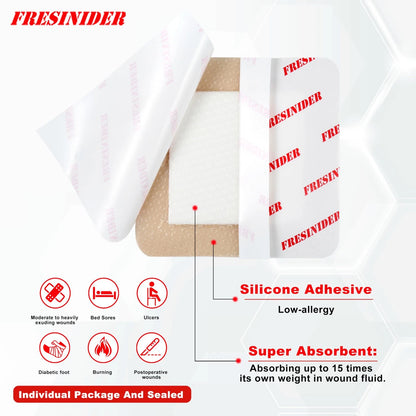 FRESINIDER Silicone Foam Dressing with Adhesive Border – 4" x ,10pack