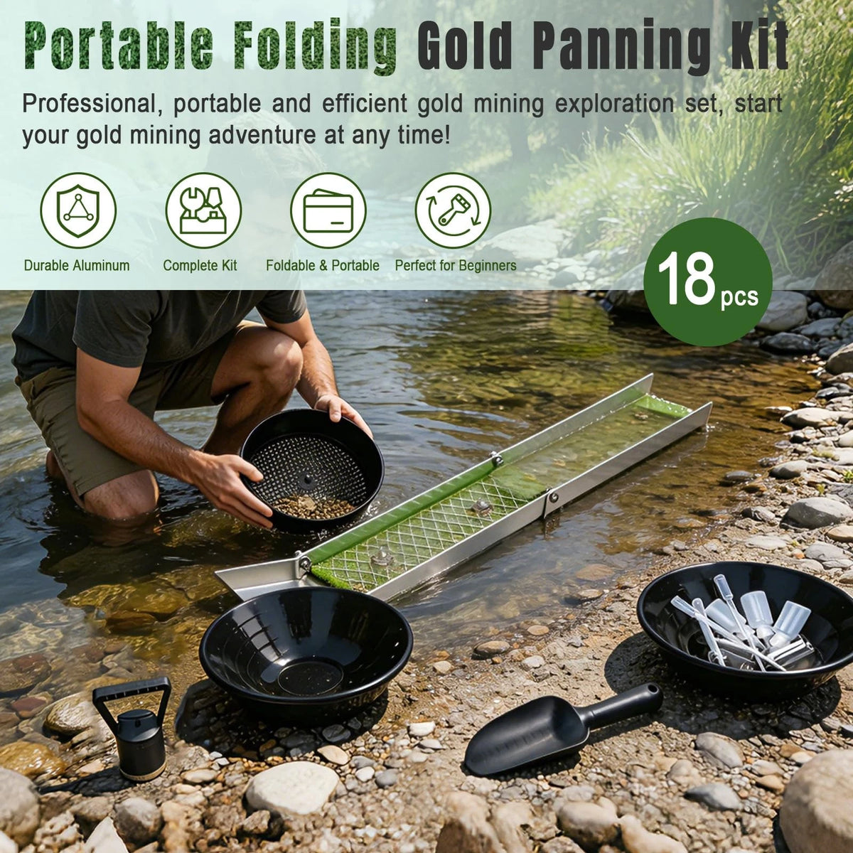 18pc Gold Panning Kit with Mini Folding Sluice Box, Complete Black