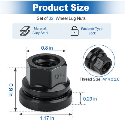 32PCS Black Wheel Lug Nuts M14x2.0 Fit Ford F250 F350 1999-02 Flat Washer Style