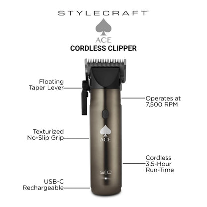 Stylecraft Ace Cordless Hair Clipper, 2.5 Hour Run-time, 6 Blade Clipper
