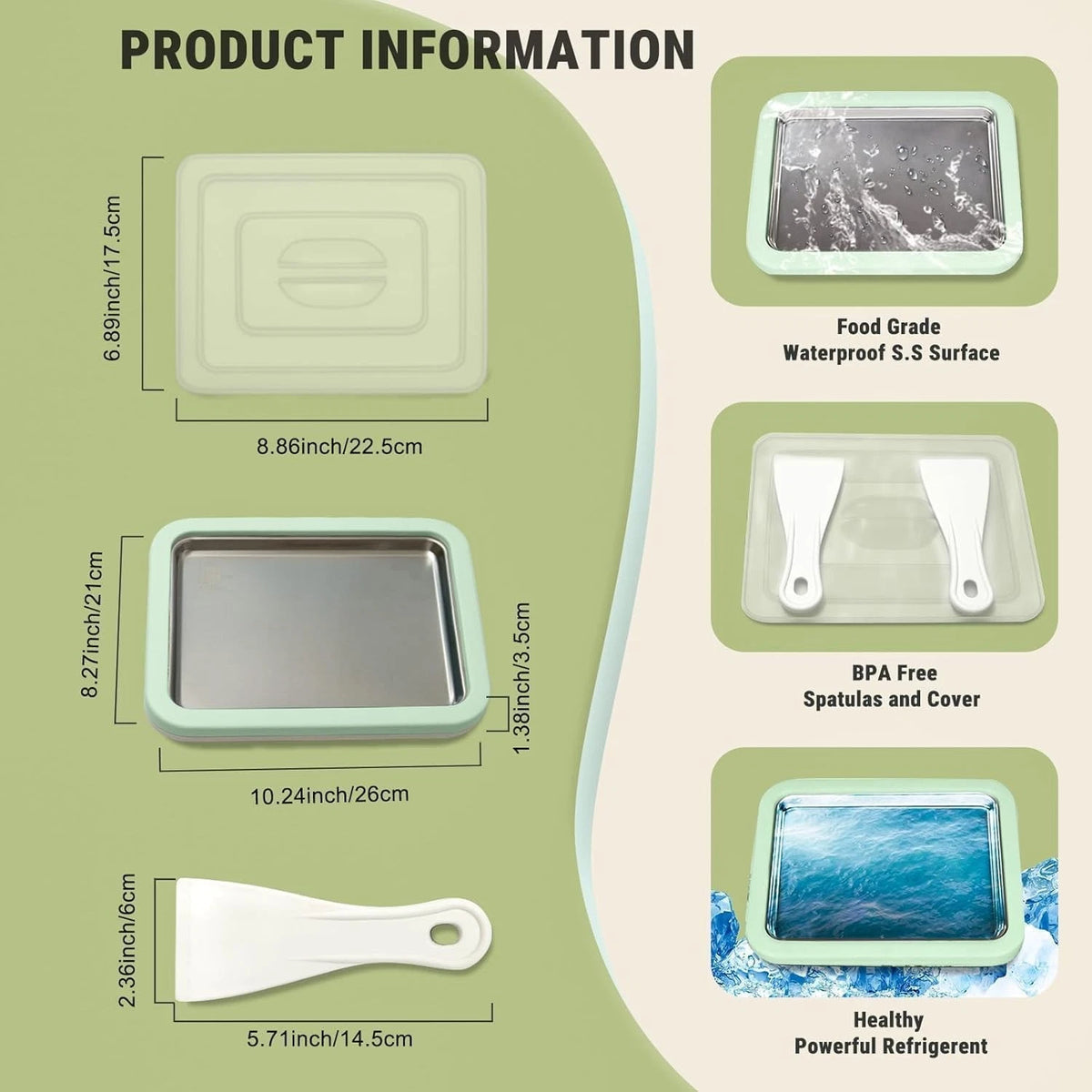 Rolled Ice Cream Maker Tray SUS 304 At Home DIY Instant Green