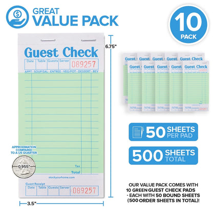 Stock Your Home Green Guest Check Books for Servers (10 Pack) 10 Pack,