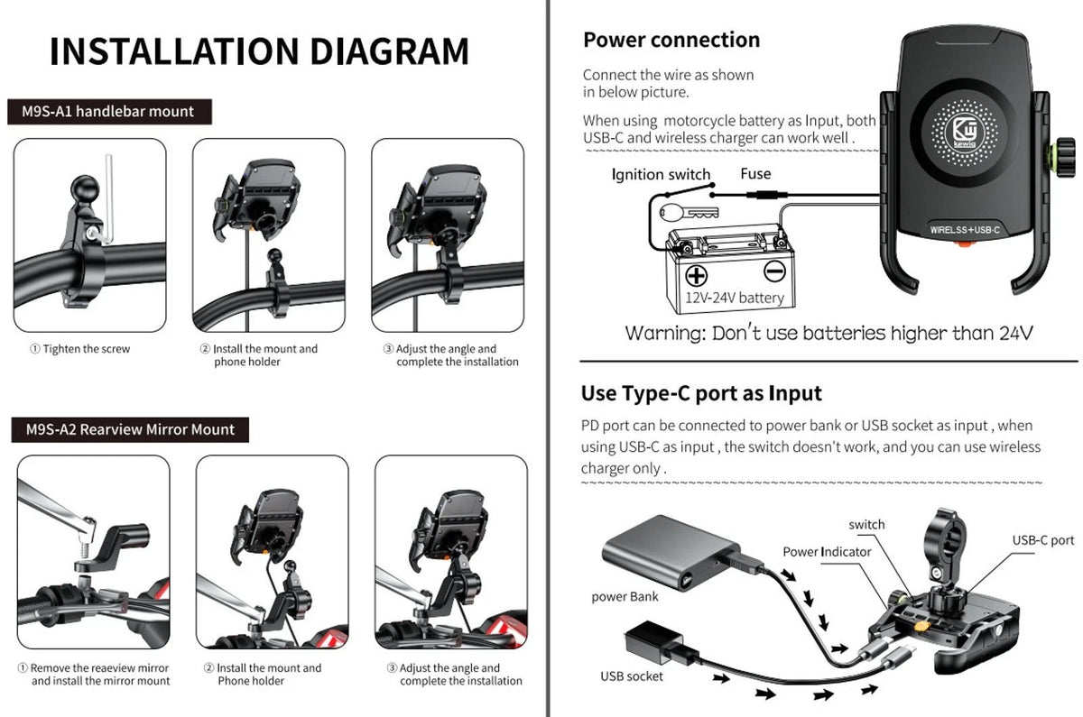 360° Rotation Type-C Quick Charger Motorcycle Holder Mount For 4-7" Phone