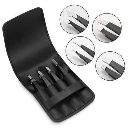 Pefei Tweezers Set - Professional Stainless Steel 4 Piece set, Black