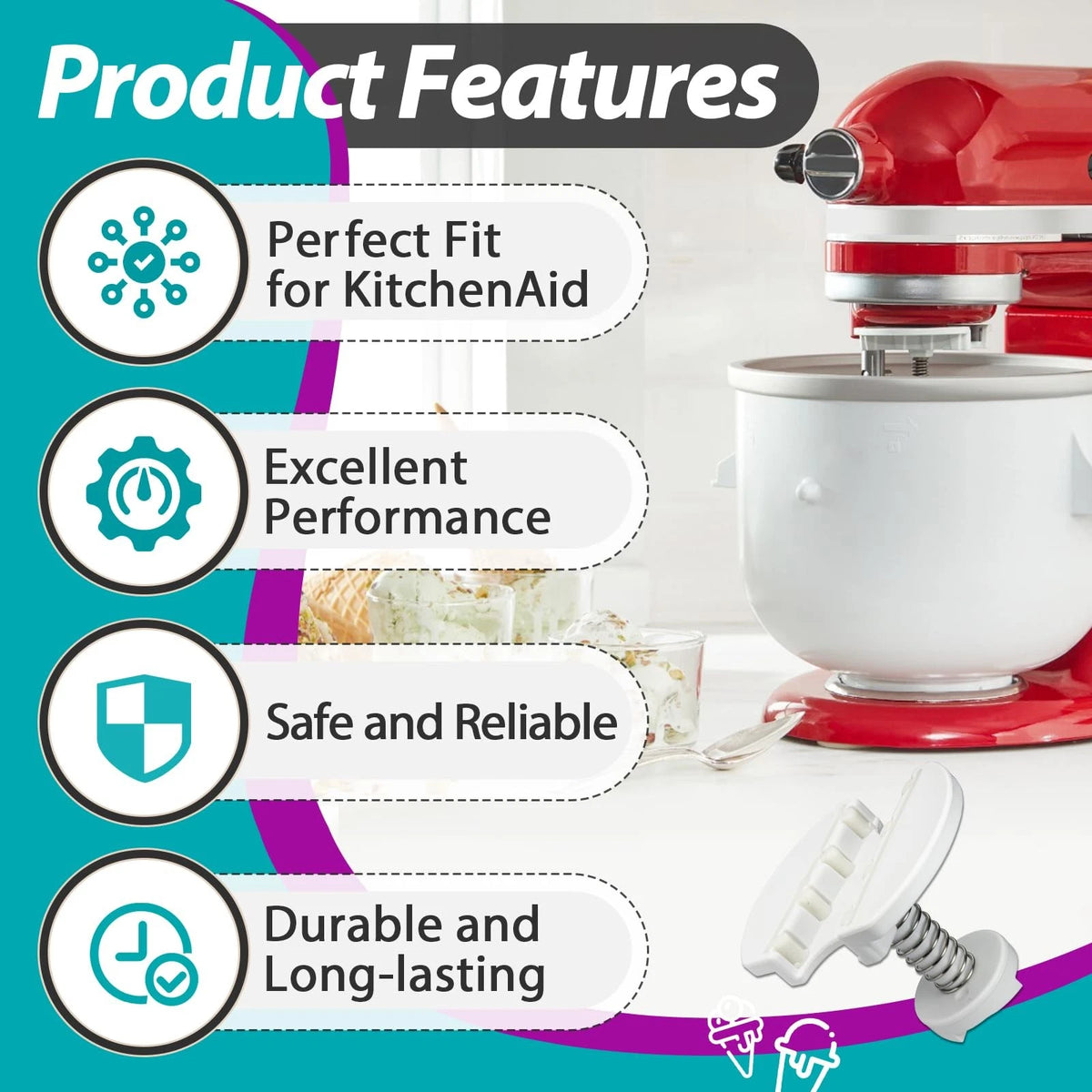 Ice Cream Maker Attachment Fits for KitchenAid 4.5 & 5QT & 6QT 1pcs, White