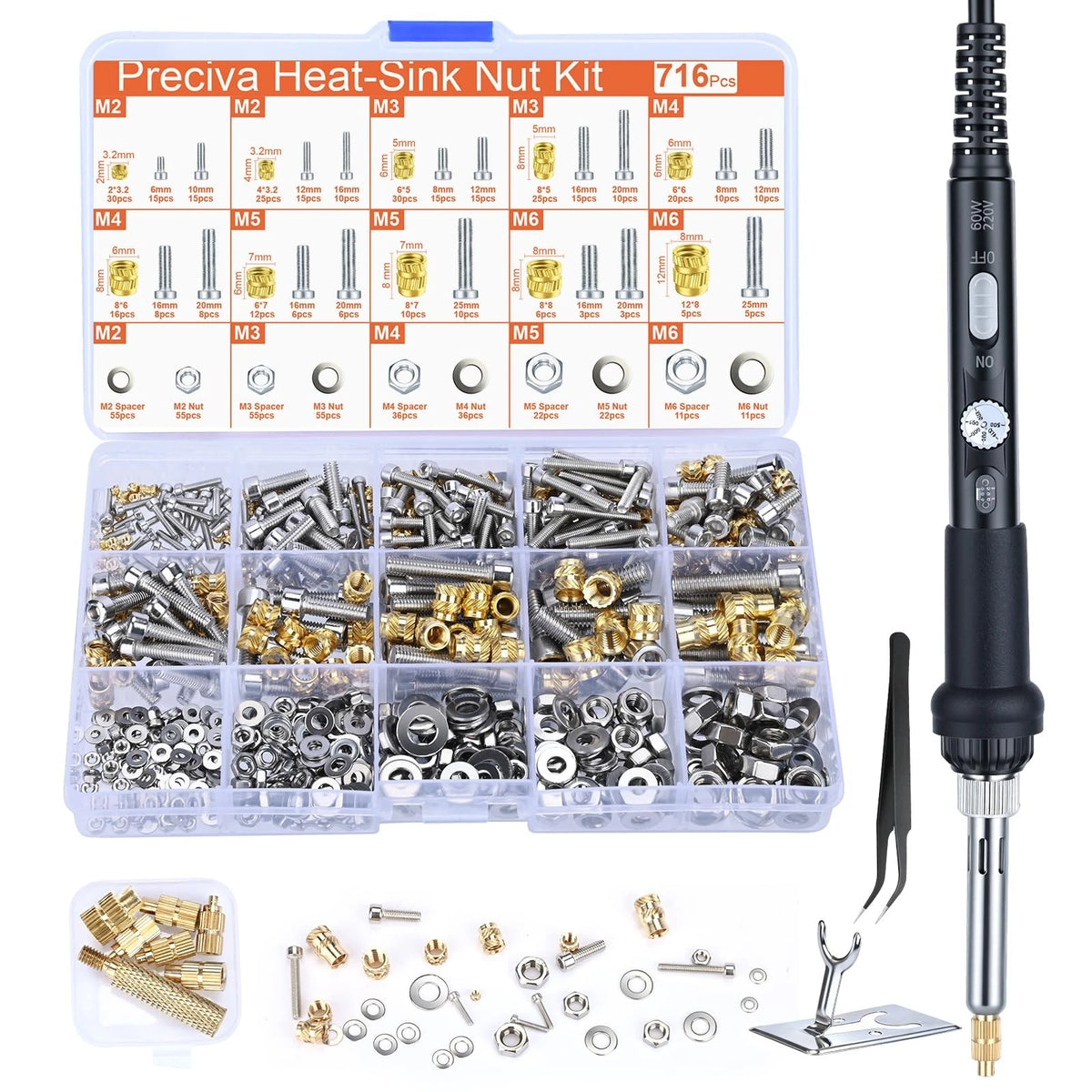 Preciva Threaded Inserts Set, 716Pcs Heat Set Nuts M2, M3, M4, M5, M6