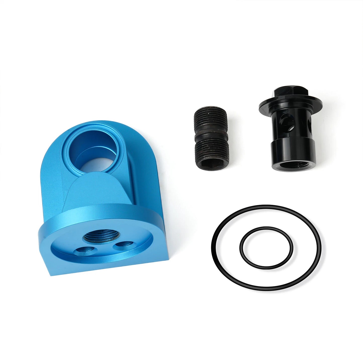 M-6880-B50 90 Degree Billet Oil Filter Adapter for 1965-1995 Ford Mustang Blue