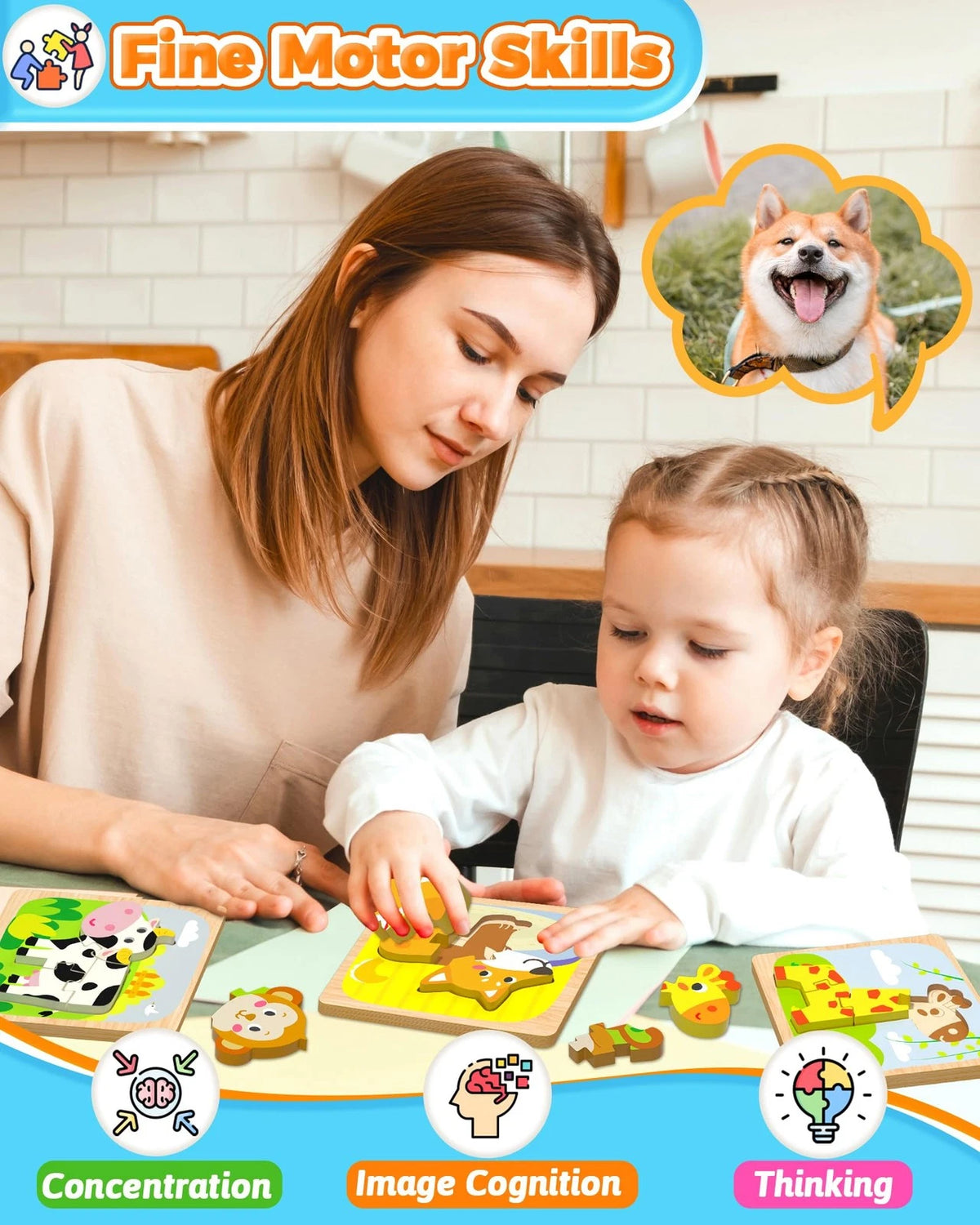 Benresive Wooden Toddler Puzzles, 4pcs Animal Montessori Toys for 1-3 Medium