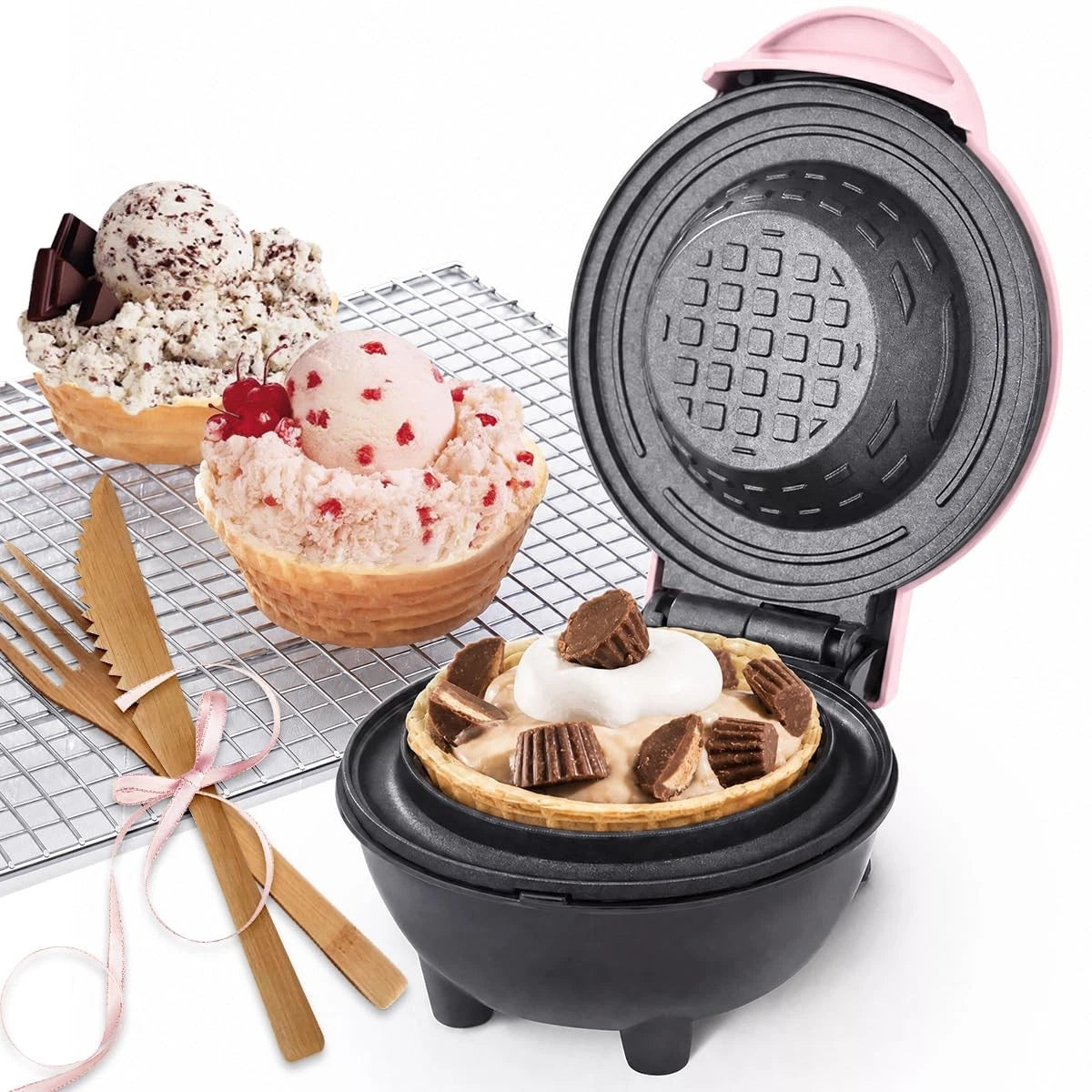 GVAKMM Mini Waffle Bowl Maker(Pink), 4'' Small Cup Machine mini, pink