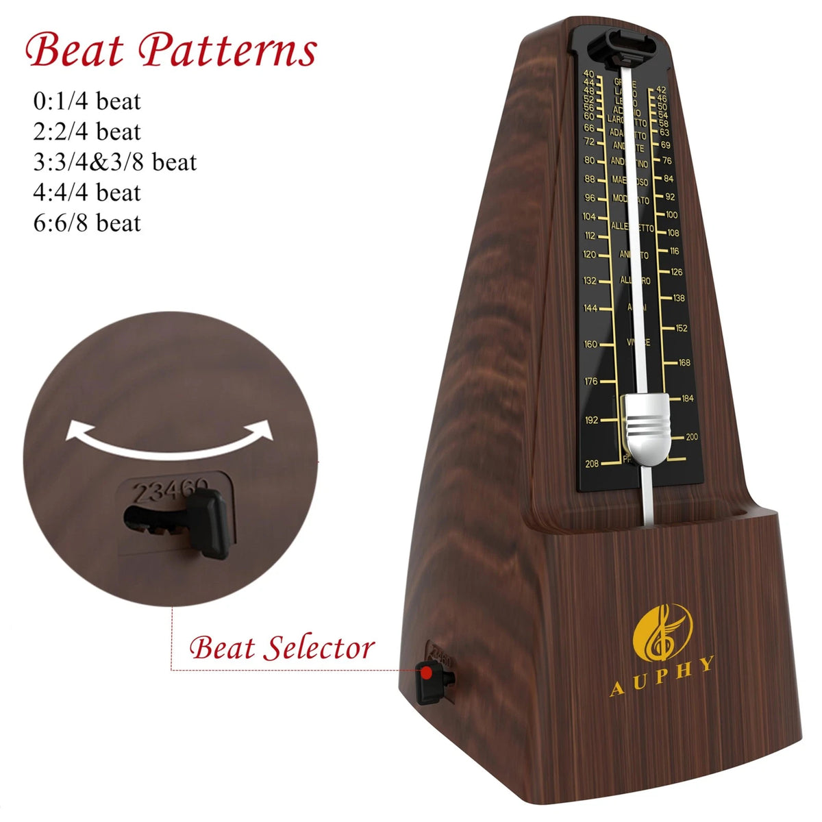 AUPHY Mechanical Metronome with Accent Bell, Classic Shape, Wood Grain
