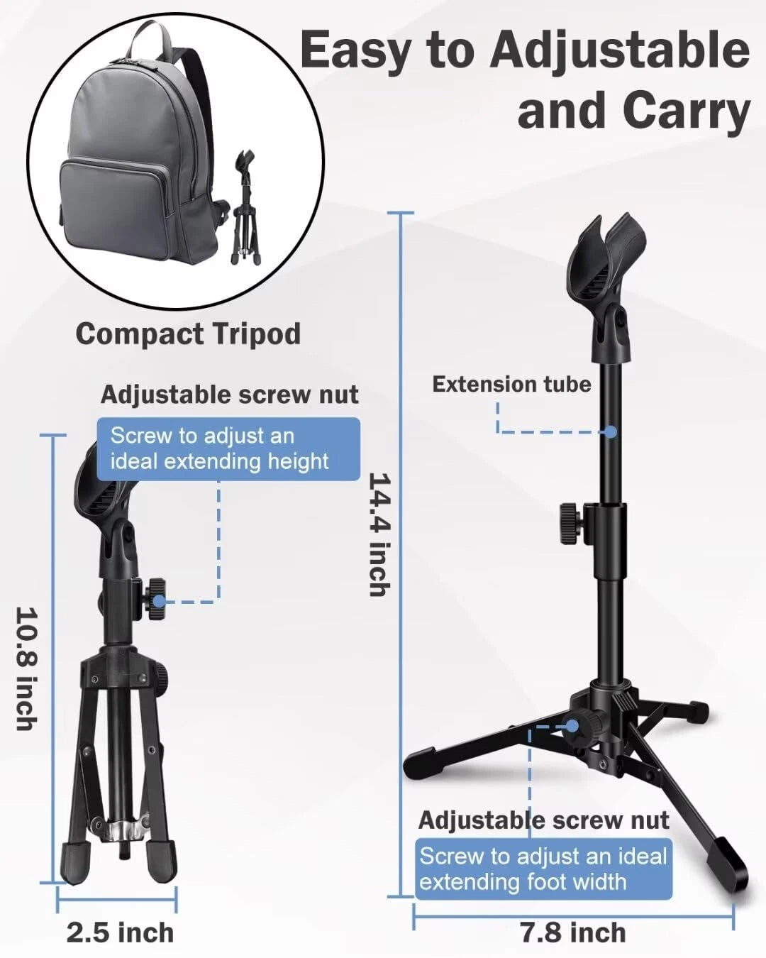 Mictop Desktop Mic Stand Portable Foldable Tripod with Clip Holder Black
