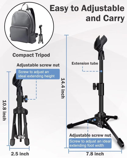 Mictop Desktop Mic Stand Portable Foldable Tripod with Clip Holder Black