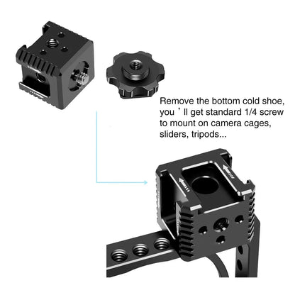 3 Port Cold Shoe Mount with 1/4"-20 Thread for Camera Cage Flash LED Black