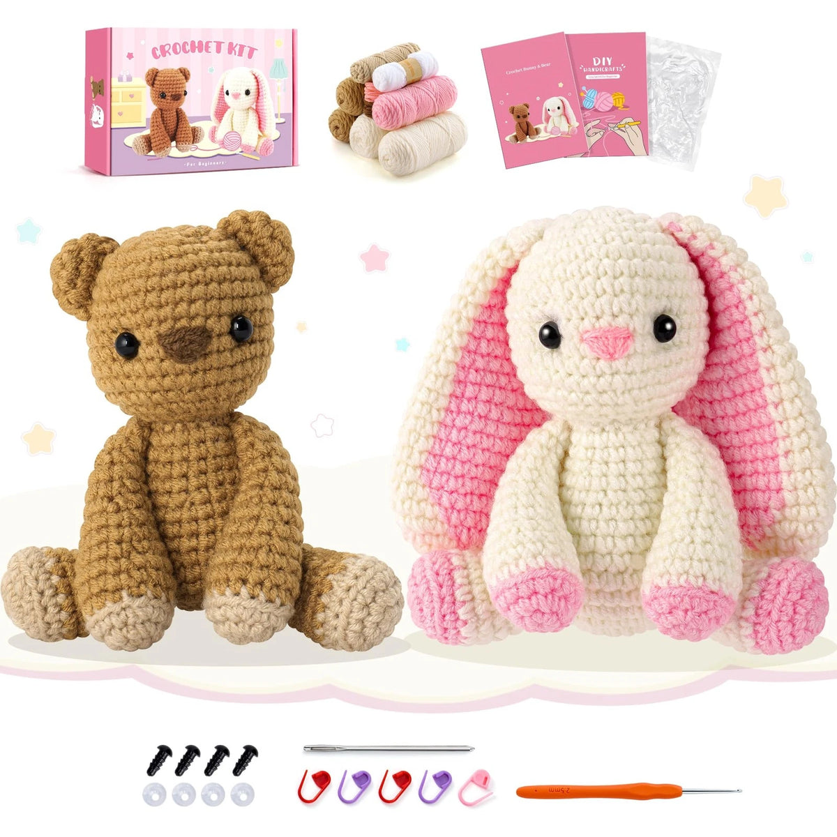 Crochet Kit for Beginners, Bunny and Bear Pink Rabbit Brown