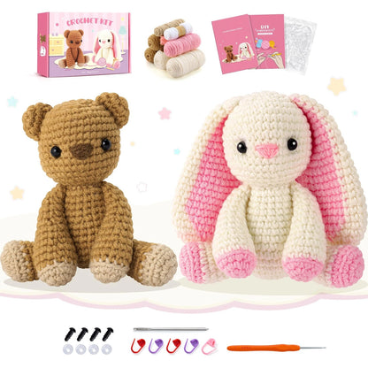 Crochet Kit for Beginners, Bunny and Bear Pink Rabbit Brown
