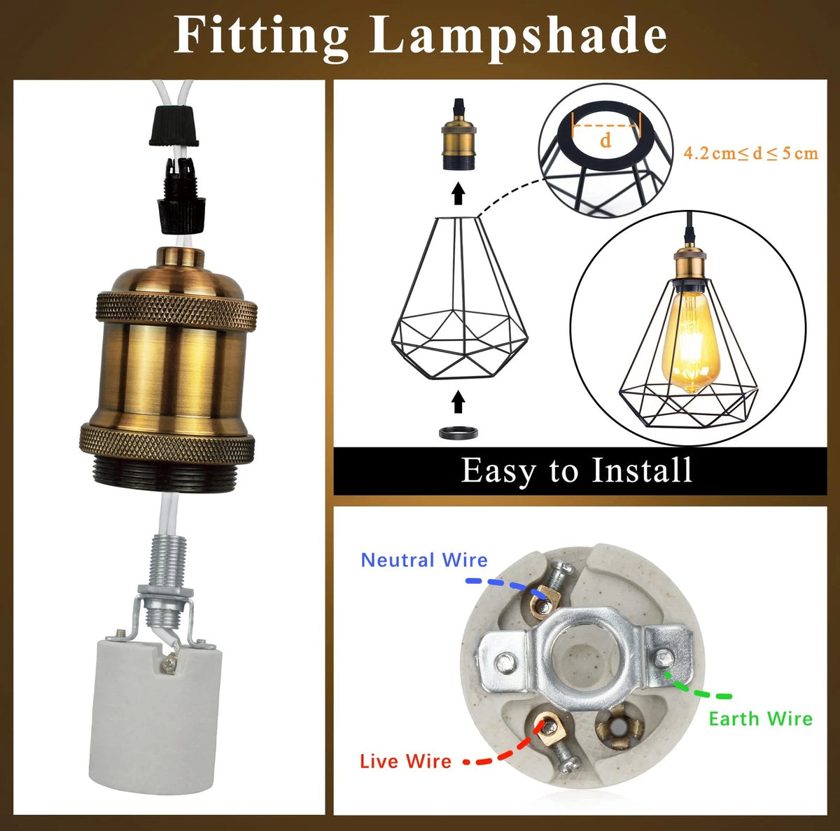 DiCUNO E26 Vintage Lamp Socket, Edison Pendant Light 4pcs, Brass