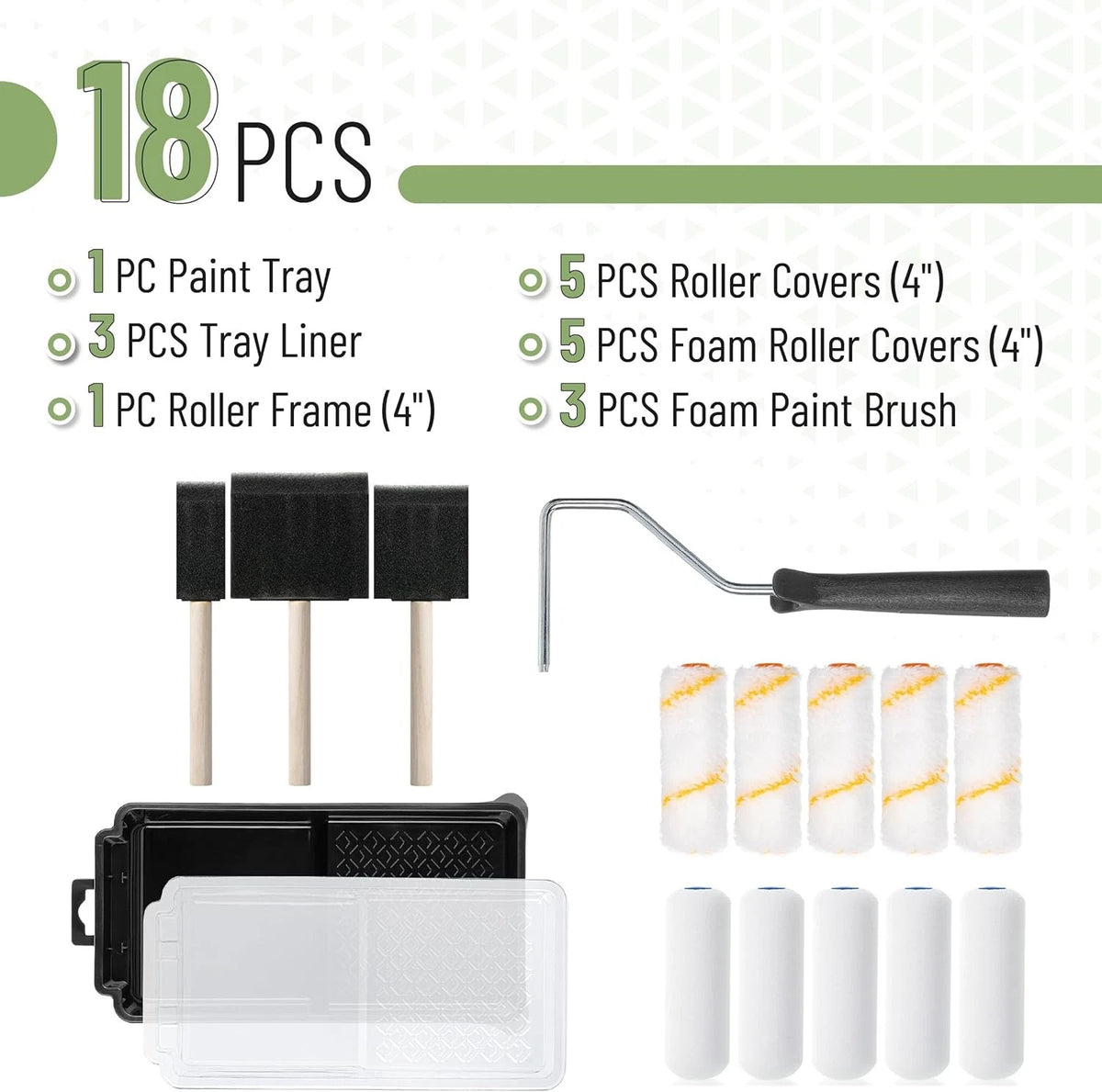 Bates- 4 Inch Paint Roller Set, 18 pcs, 1x Plastic Tray, 3X Multicolor