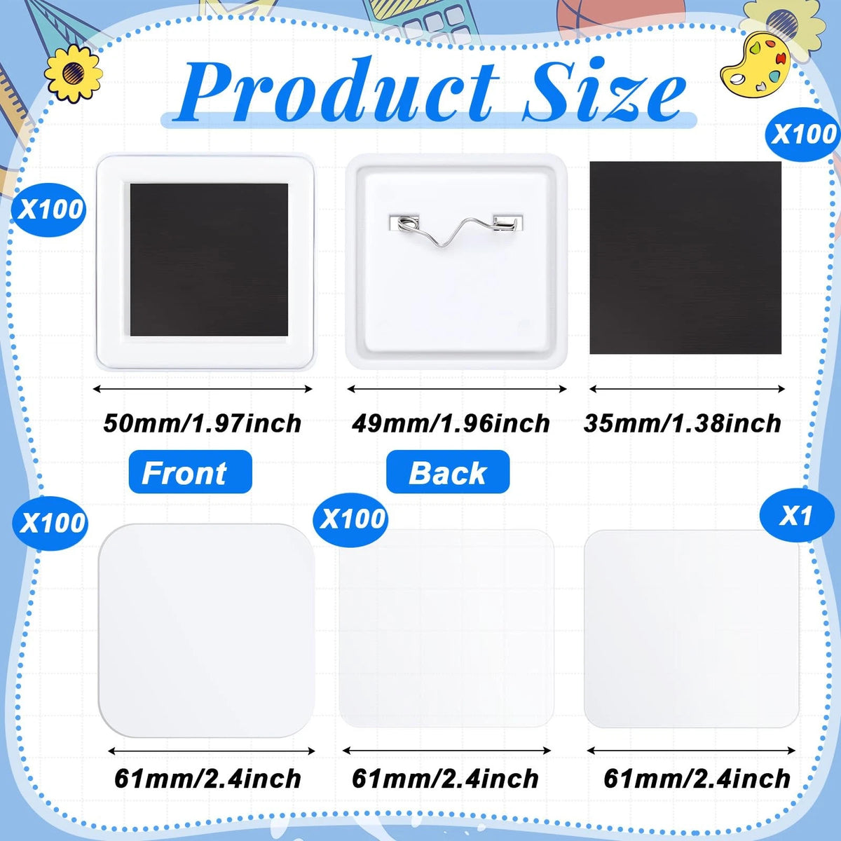 Teenyyou 100 Sets 50mm/ 2 Inch Button 1.97 inches x inches, Mainly White
