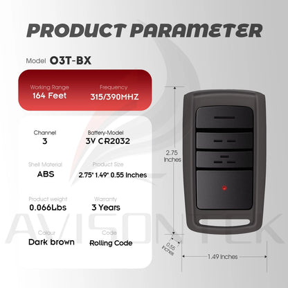 2X Overhead Door Garage Opener Remote O3T-BX O3T-A, 2Pak, Gray