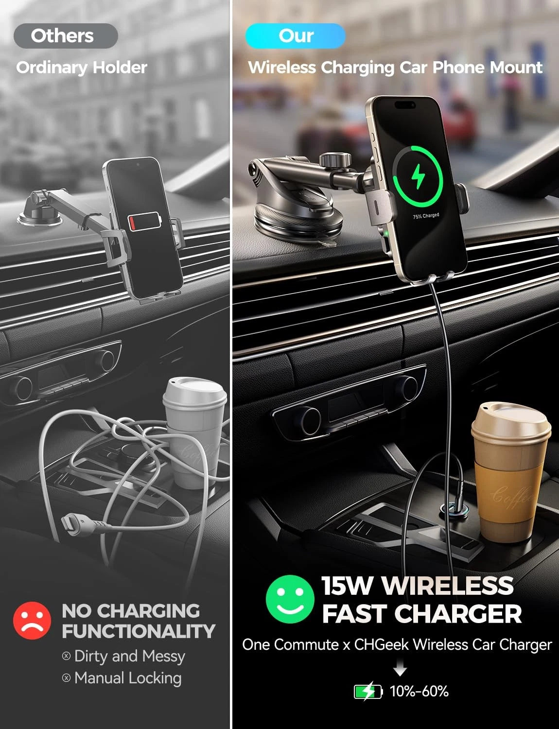 CHGeek Wireless Car Charger with Phone Holder Mount, 15W Fast Normal, Black