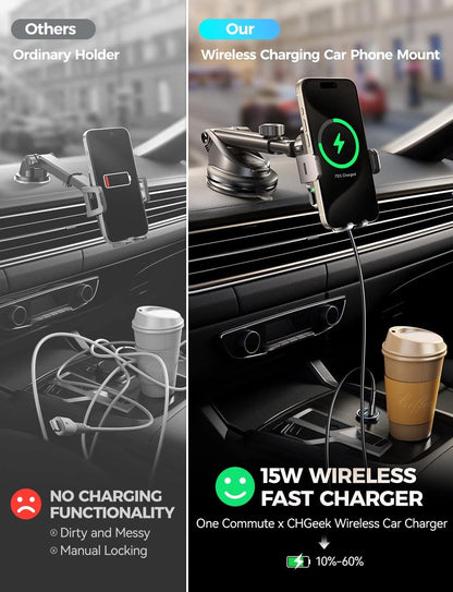 CHGeek Wireless Car Charger with Phone Holder Mount, 15W Fast Normal, Black