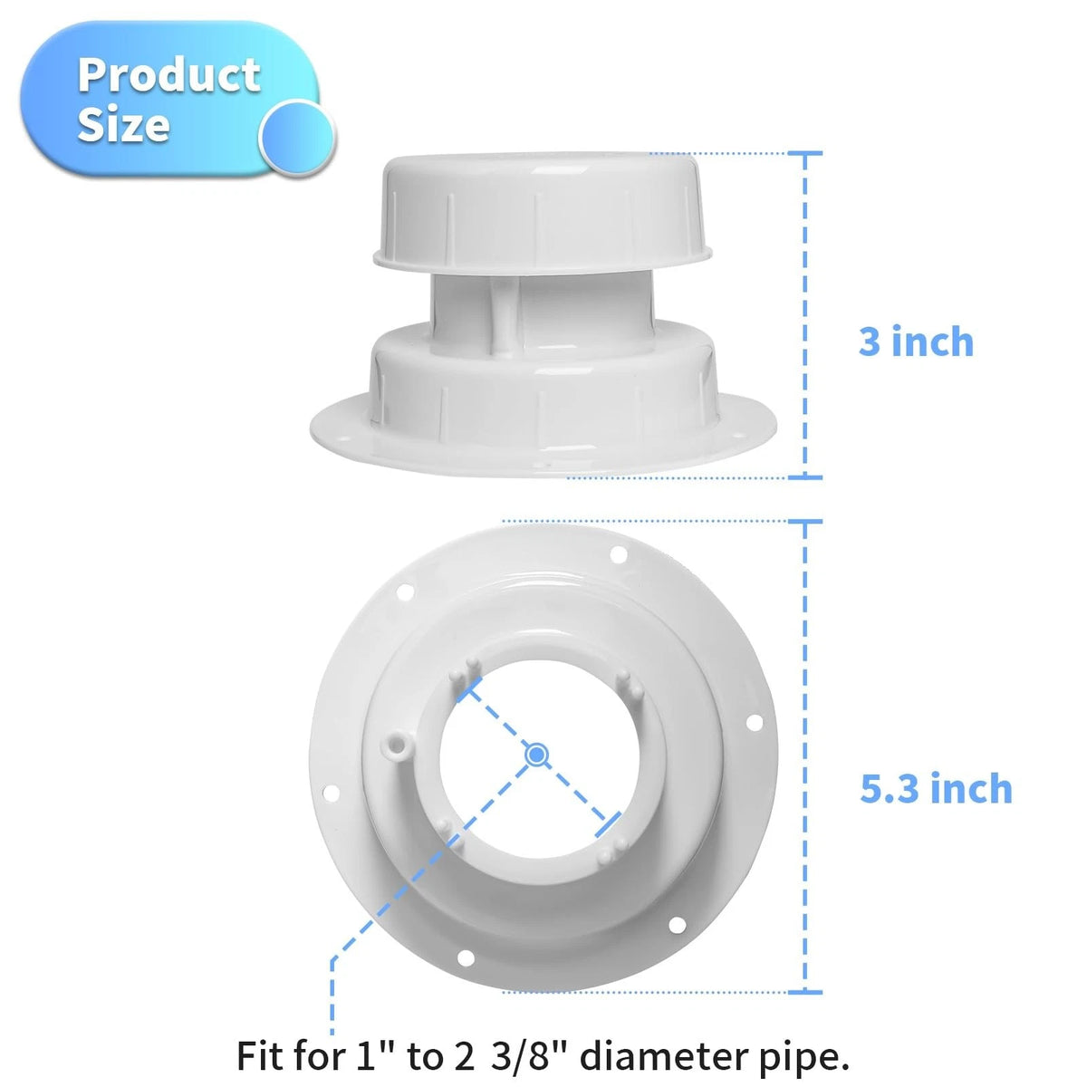 luxlead RV Plumbing Vent Caps - ID 3.8", 5.3" diameter base, 3" tall, White