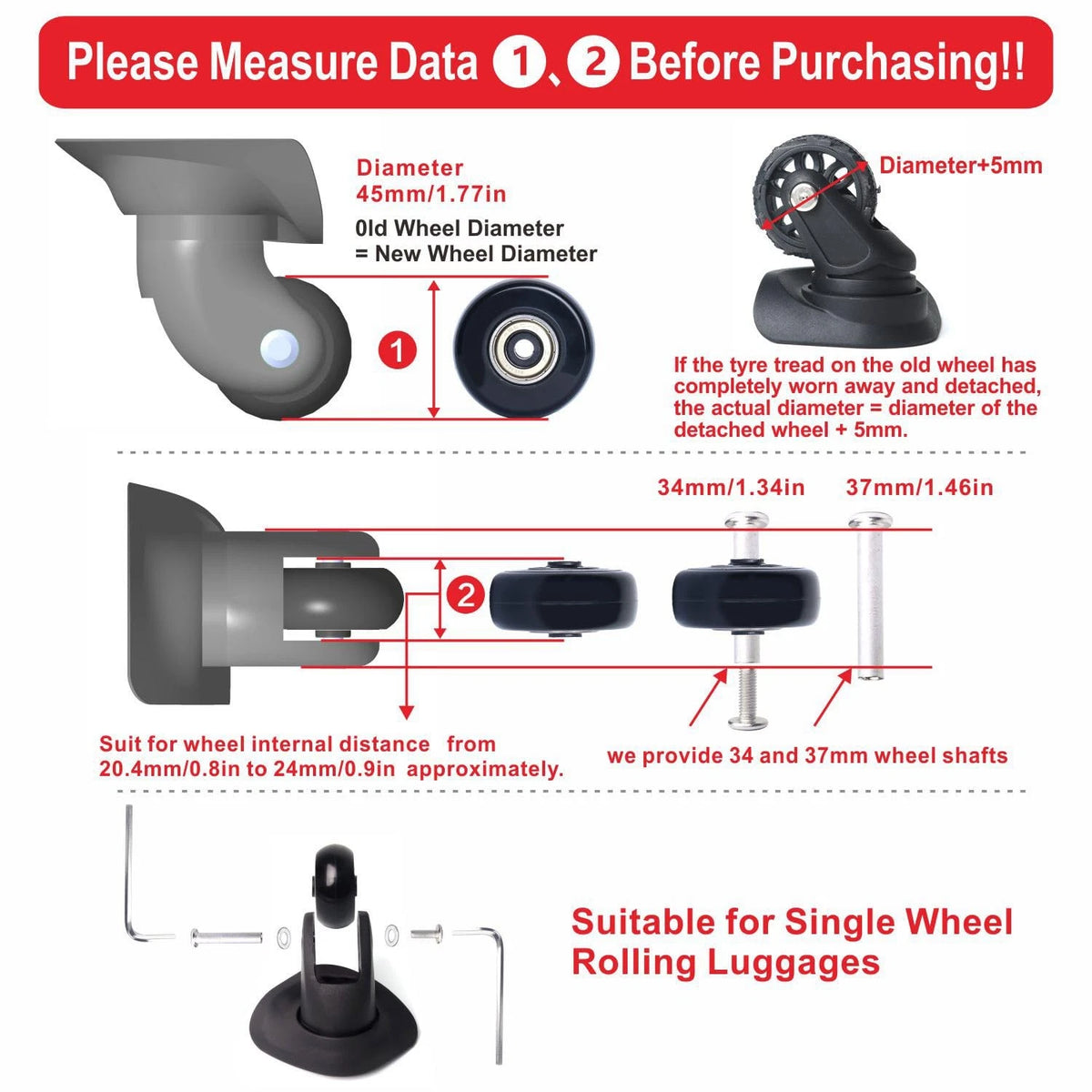 FLIHONST45*18mm Precision Ball Bearing Wheel Luggage Suitcase Small, black