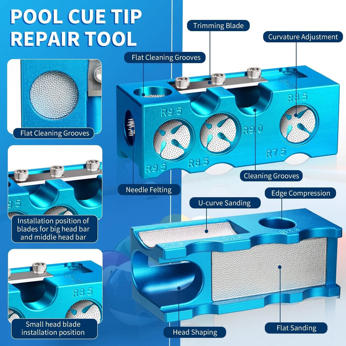 Northlet Pool Cue Tip Shaper, cue Tips Replacement kit, Billiards blue