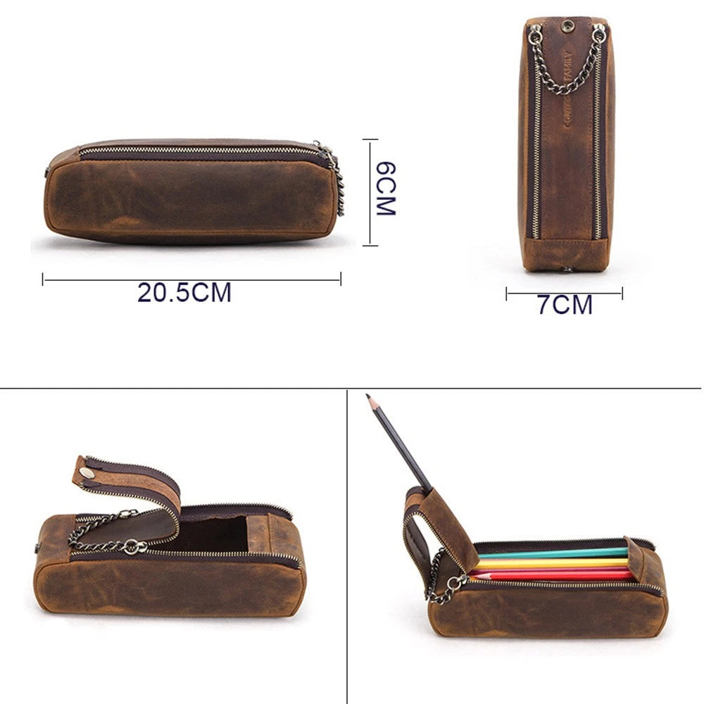 Leather Retro Style Cowhide Pen Case School Stationary Pen Pencil Pouch Bag