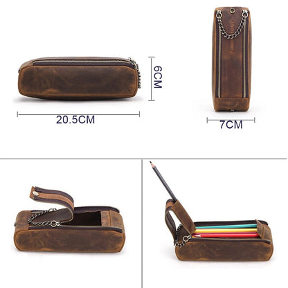 Leather Retro Style Cowhide Pen Case School Stationary Pen Pencil Pouch Bag