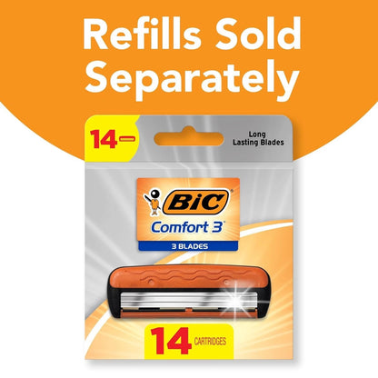 BIC Comfort 3 Men's Refillable 3 Blade 12 Count (Pack of 1), Black/Orange