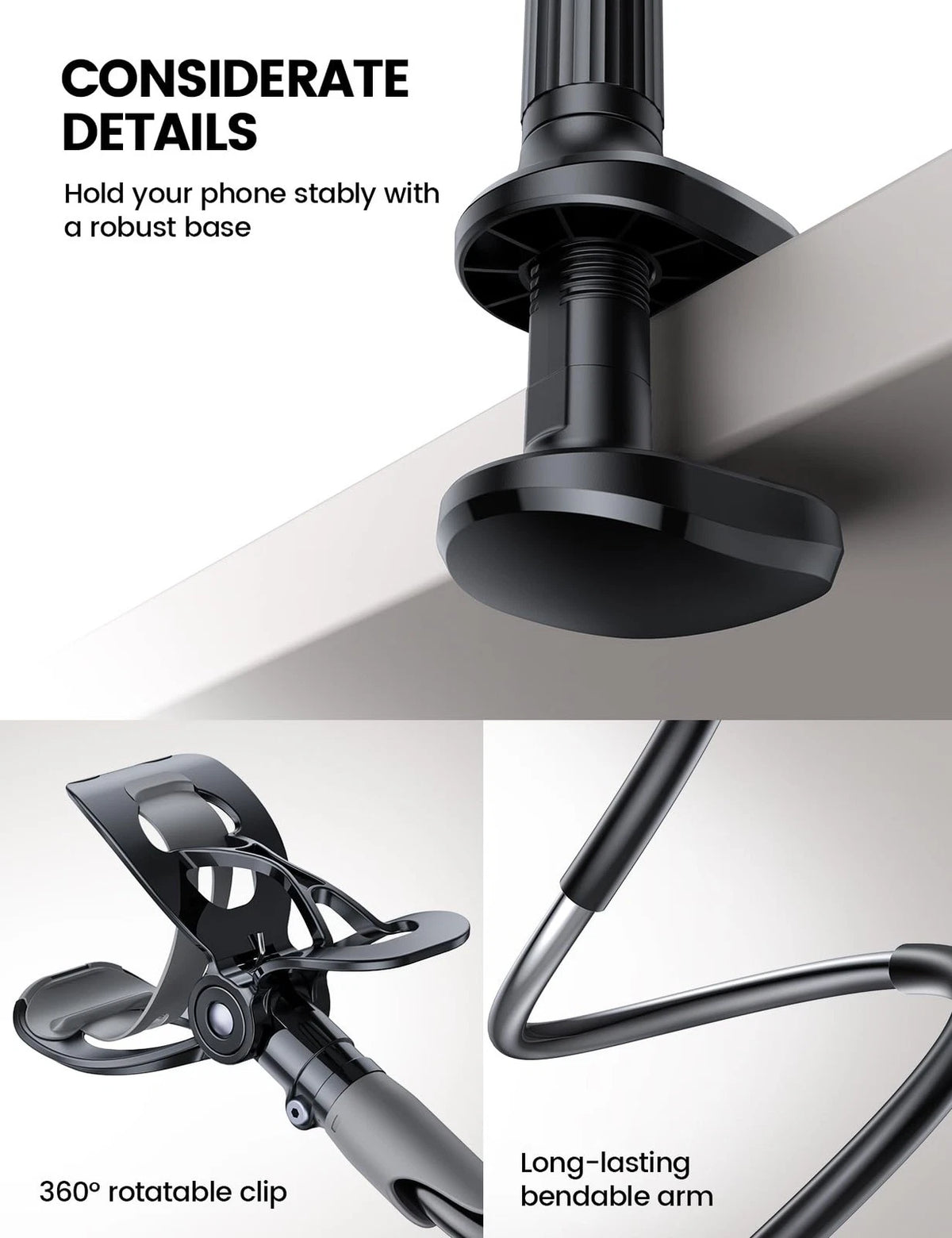 Lamicall Gooseneck Phone Holder for Bed - Cell Mount Clamp Clip, Black