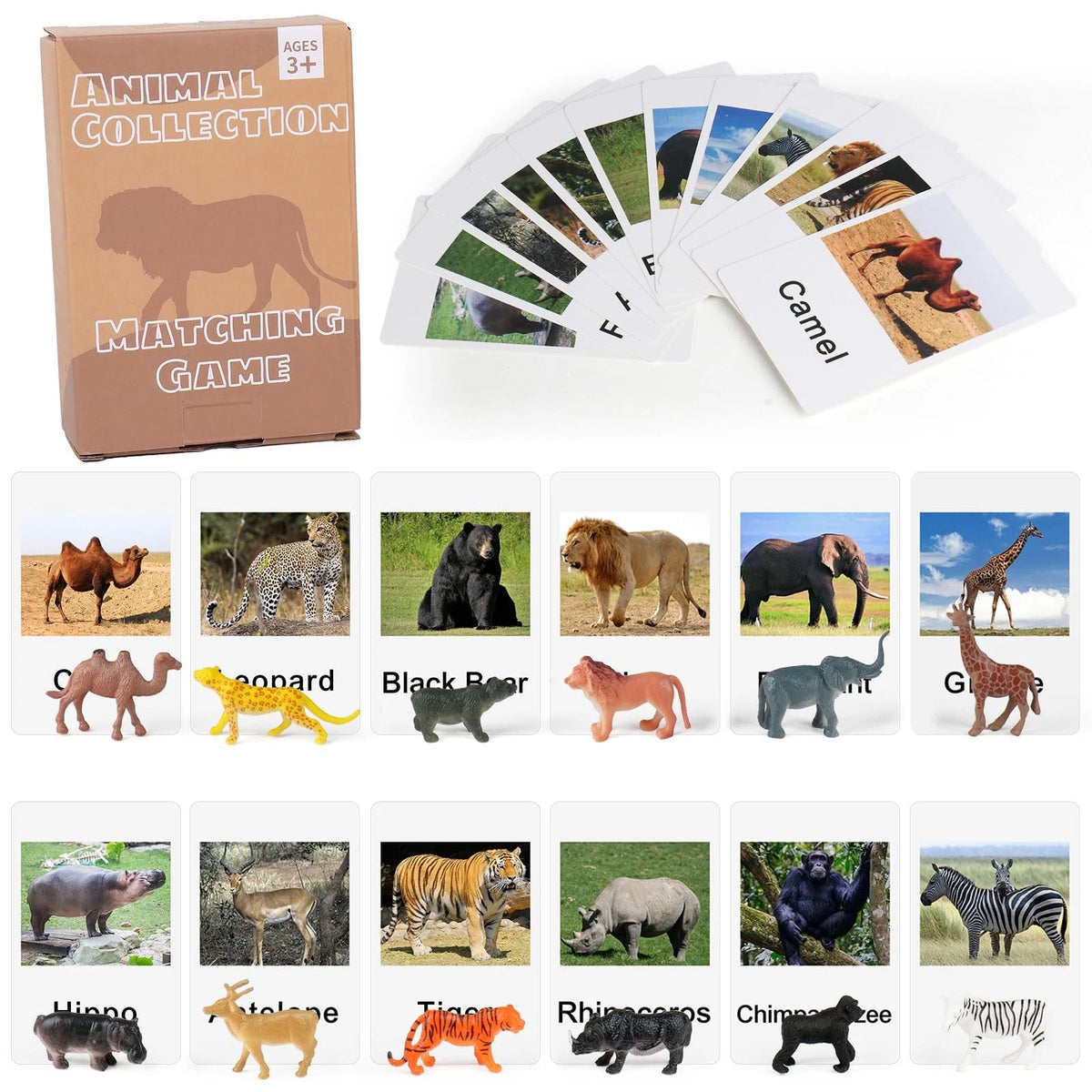 MEROCO Montessori Zoo Safari Animal Match - Miniature Figurines with 2 Medium