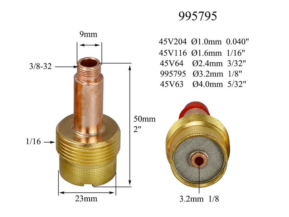 RIVERWELD TIG Gas Lens Collet Bodies Jumbo Large Diameter 1/8" 3.2mm, Golden