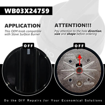 WB03X24759 Range Surface Burner Knob Gas Control Assembly 2 Pieces, Black