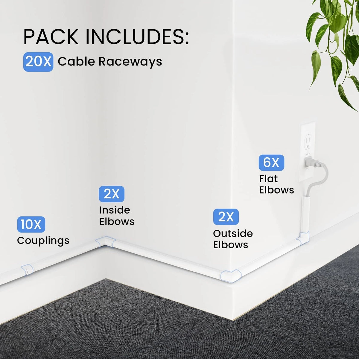 EVEO Cable Hider - One Cord 300” Cover Wall Small, White