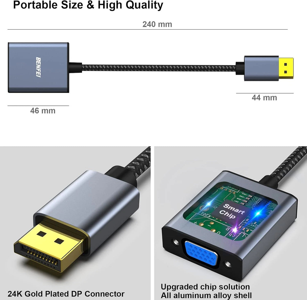 BENFEI DisplayPort to VGA Adapter, Input Output Grey