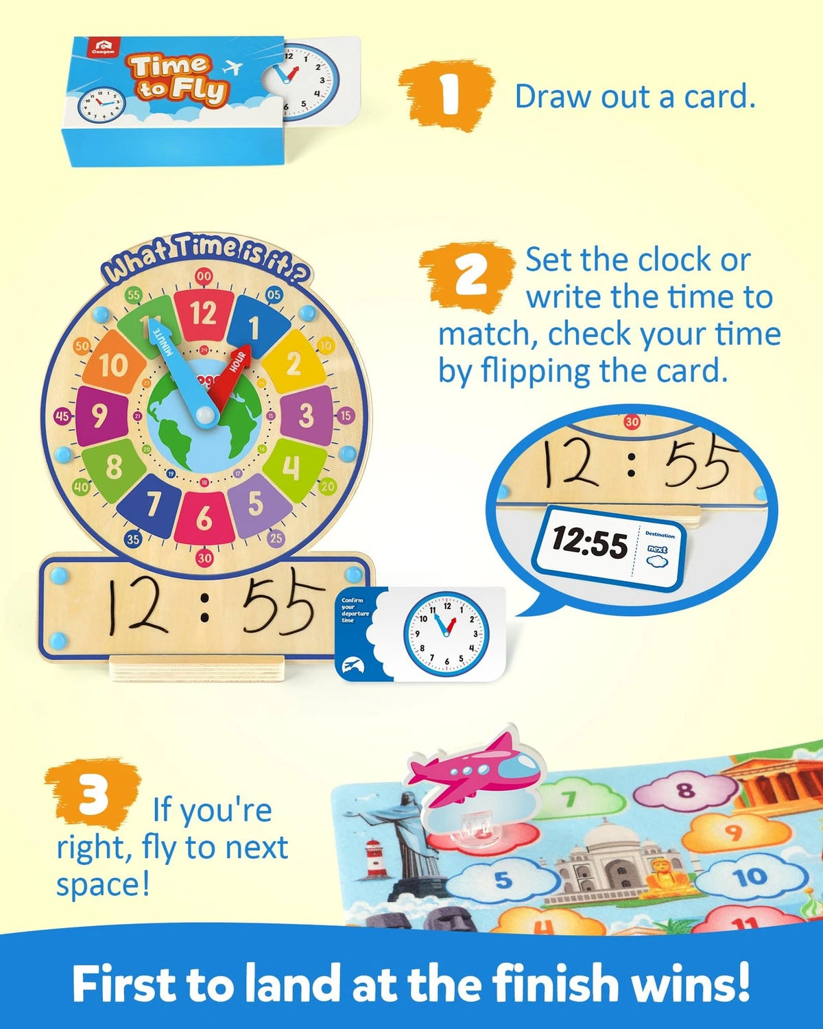 Coogam Wooden Clock Teaching Time Toy, Analog Medium, Red, Green, Blue