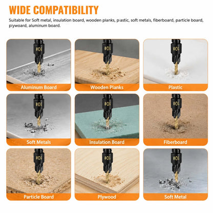 12-Piece Countersink Drill Bit Set One-Step Drill & Countersink, 1/4" Hex Shank