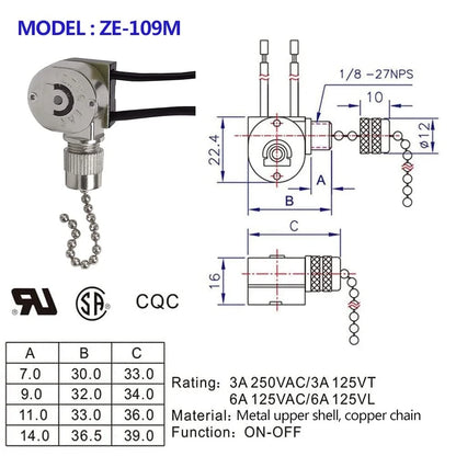 Ceiling Fan Light Switch ZE-109m Metal Pull Chain Switch,Two Wire Nickel