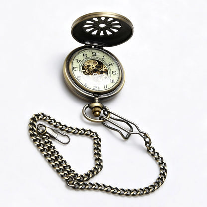 Classic Mechanical Black Steampunk Skeleton Pocket Watch with Chain For Men