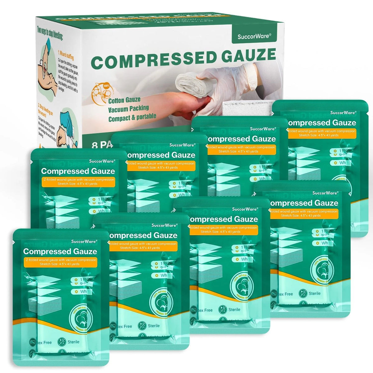 SuccorWare 8 Packs Sterile Compressed Gauze with Z-Folded - 4.5" x 4.1 yards