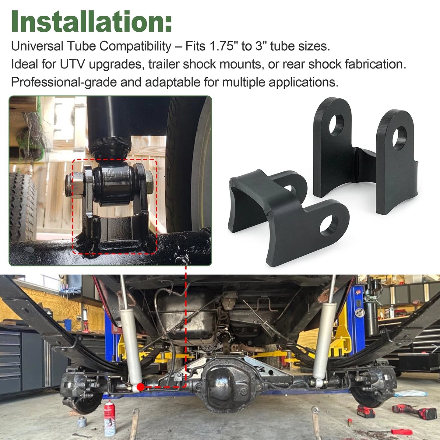 2 Pack - 3”Shock Bracket – 6mm HRP&O Steel, 1/2" Bolt Hole, Fits 1.75"–3" Tube