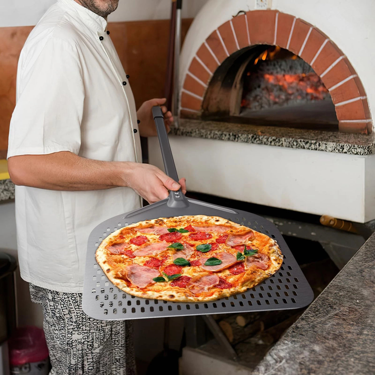 CUTEDATE 2 Piece Pizza Peel Set, 14 Inch Perforated 47.2INCH / 120CM, Gray
